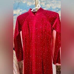 Ao dai nhung velvet shimmering, Vietnamese traditional long dress set red m 2 🎁